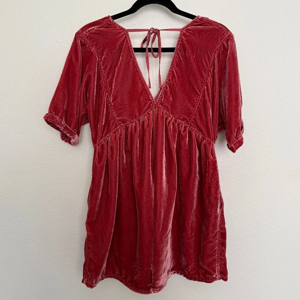 Free People Ivy Rose Smoke Velvet Tie Back Plunge Babydoll Mini Dress XS